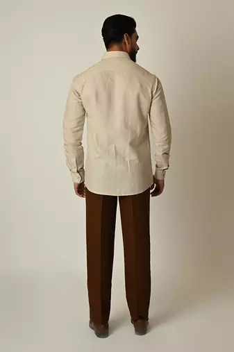 Beige pure linen embroidered thread cross hatching shirt
