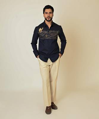 Blue giza cotton embroidered thread camel cactus shirt 1