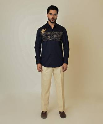 Blue giza cotton embroidered thread camel cactus shirt 2
