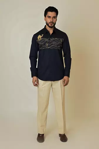 Blue giza cotton embroidered thread camel cactus shirt