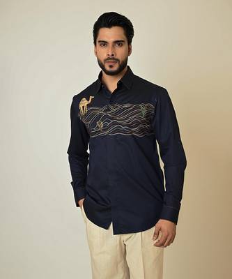 Blue giza cotton embroidered thread camel cactus shirt 3