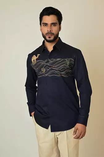 Blue giza cotton embroidered thread camel cactus shirt