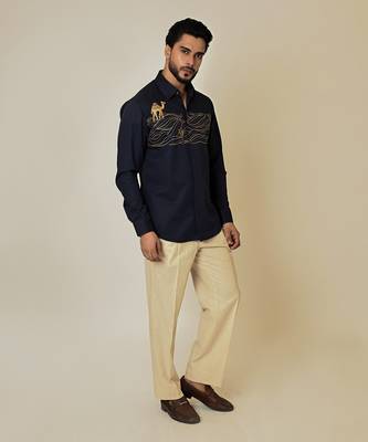 Blue giza cotton embroidered thread camel cactus shirt 4