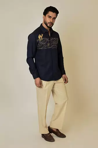Blue giza cotton embroidered thread camel cactus shirt