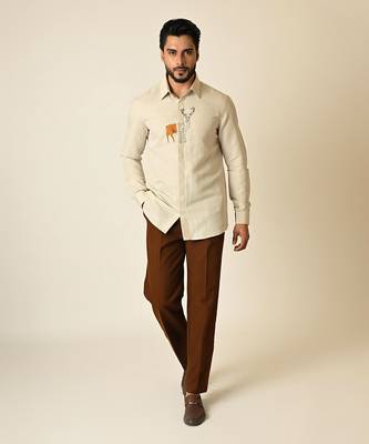 Cream pure linen embroidered thread deer shirt 1