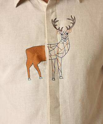 Cream pure linen embroidered thread deer shirt 2