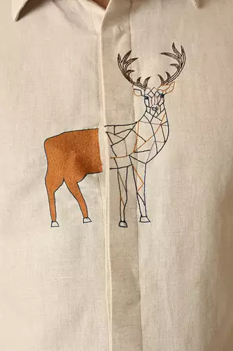 Cream pure linen embroidered thread deer shirt