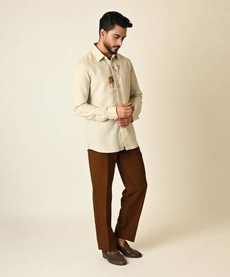 Cream pure linen embroidered thread deer shirt 3