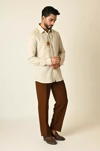 Cream pure linen embroidered thread deer shirt