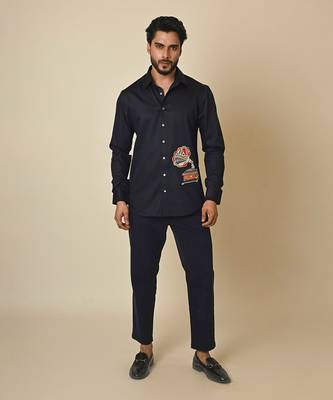 Blue giza cotton embroidered thread gramophone shirt 1