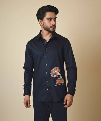 Blue giza cotton embroidered thread gramophone shirt 2