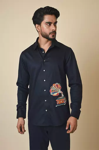 Blue giza cotton embroidered thread gramophone shirt