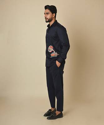 Blue giza cotton embroidered thread gramophone shirt 3