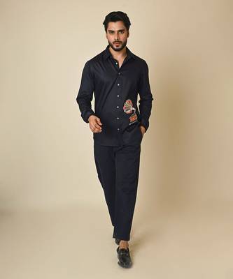 Blue giza cotton embroidered thread gramophone shirt 5