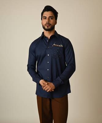 Blue giza cotton embroidered thread rowing shirt 2