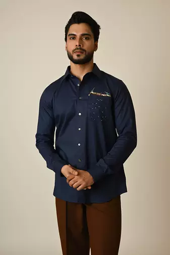 Blue giza cotton embroidered thread rowing shirt