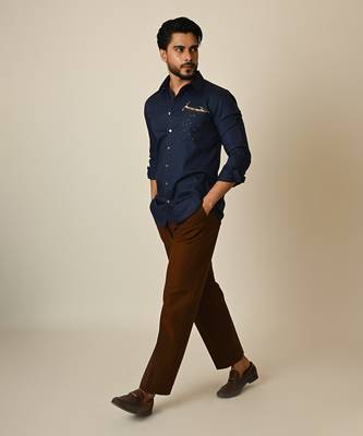 Blue giza cotton embroidered thread rowing shirt 3