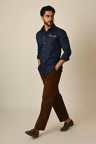 Blue giza cotton embroidered thread rowing shirt