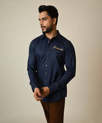 Blue giza cotton embroidered thread rowing shirt 5