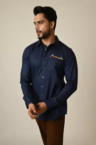Blue giza cotton embroidered thread rowing shirt