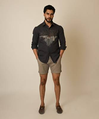 Grey pure linen embroidered thread abstract heart shirt 2