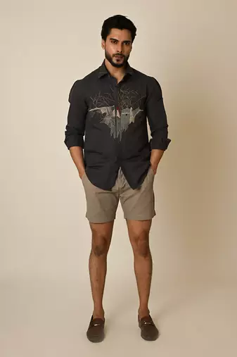 Grey pure linen embroidered thread abstract heart shirt
