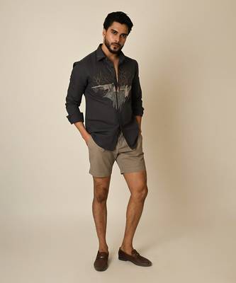 Grey pure linen embroidered thread abstract heart shirt 4