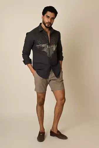 Grey pure linen embroidered thread abstract heart shirt