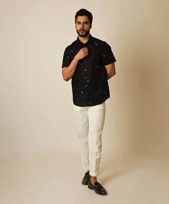 Black pure linen embroidered thread pipe motif shirt 1