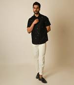 Black pure linen embroidered thread pipe motif shirt