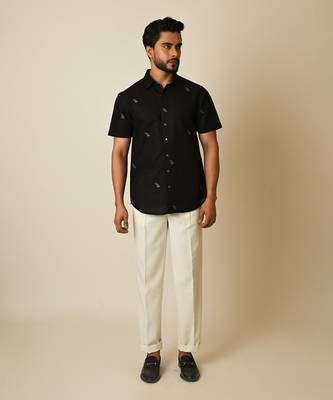 Black pure linen embroidered thread pipe motif shirt 2