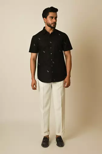 Black pure linen embroidered thread pipe motif shirt