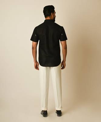 Black pure linen embroidered thread pipe motif shirt 5