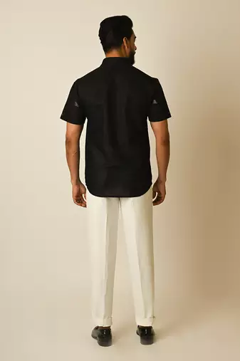 Black pure linen embroidered thread pipe motif shirt