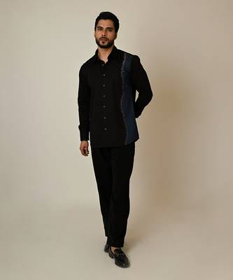 Black giza cotton embroidered thread colour blocking shirt 1