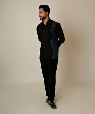 Black giza cotton embroidered thread colour blocking shirt 2