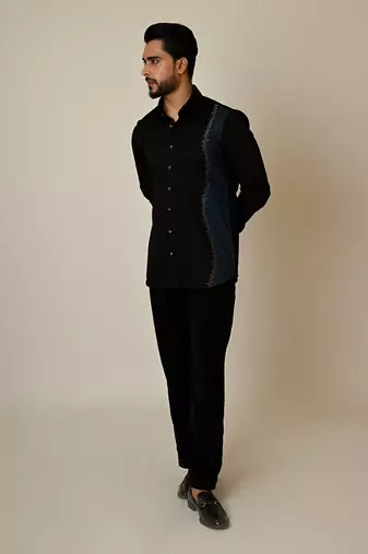 Black giza cotton embroidered thread colour blocking shirt
