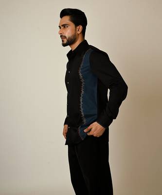 Black giza cotton embroidered thread colour blocking shirt 3