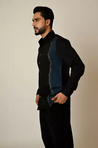 Black giza cotton embroidered thread colour blocking shirt