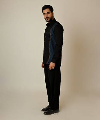 Black giza cotton embroidered thread colour blocking shirt 4