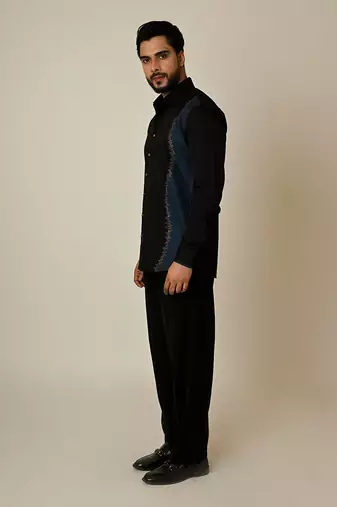 Black giza cotton embroidered thread colour blocking shirt