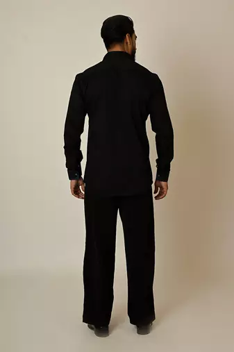 Black giza cotton embroidered thread colour blocking shirt