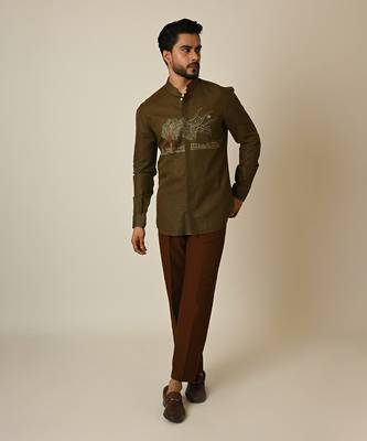 Green pure linen embroidered thread breezy shirt 1