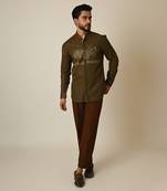 Green pure linen embroidered thread breezy shirt