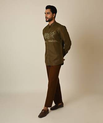 Green pure linen embroidered thread breezy shirt 2