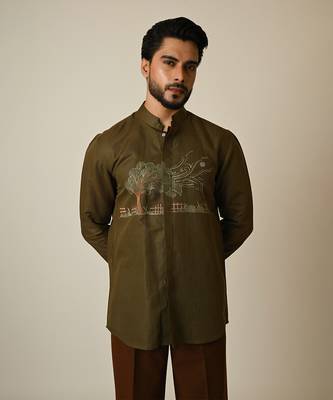 Green pure linen embroidered thread breezy shirt 3