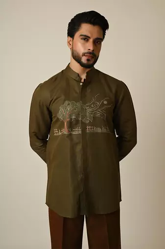 Green pure linen embroidered thread breezy shirt