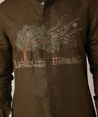 Green pure linen embroidered thread breezy shirt 4