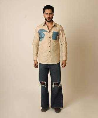 Beige pure linen embroidered thread beach shirt 1