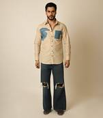 Beige pure linen embroidered thread beach shirt